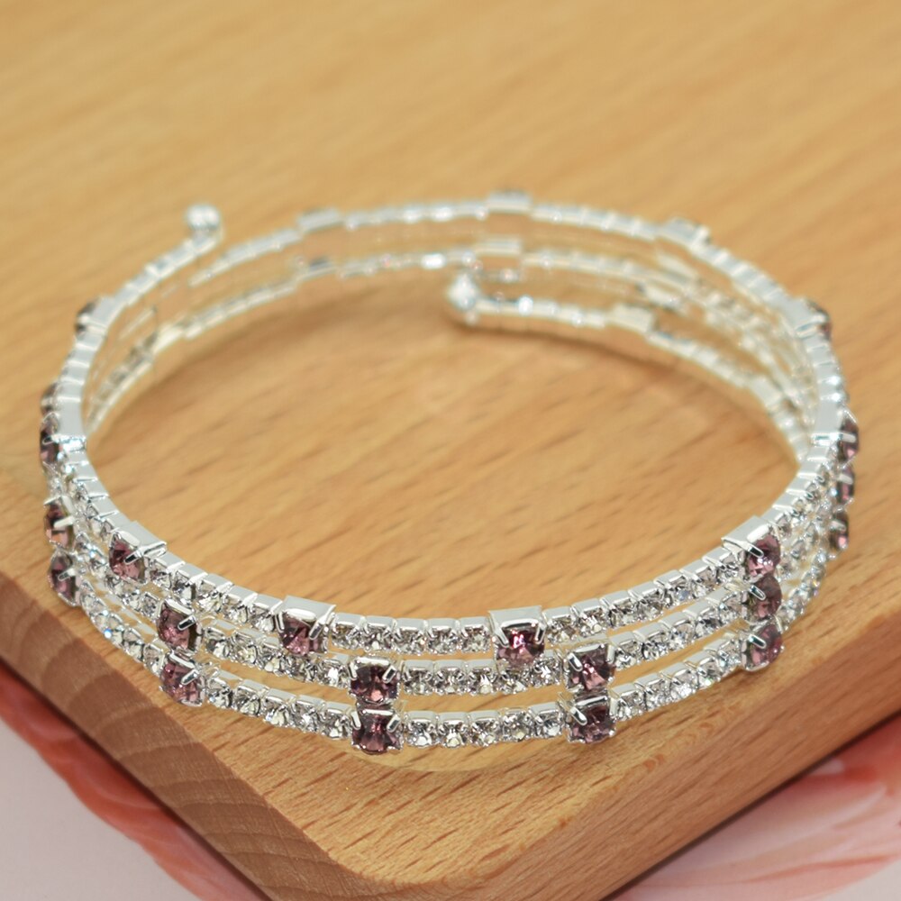 6-color Crystal Bracelet Blue, Red, White Three-row Stretch Bracelet Bride Wedding Rhinestone Bracelet Party Jewelry: purple powder