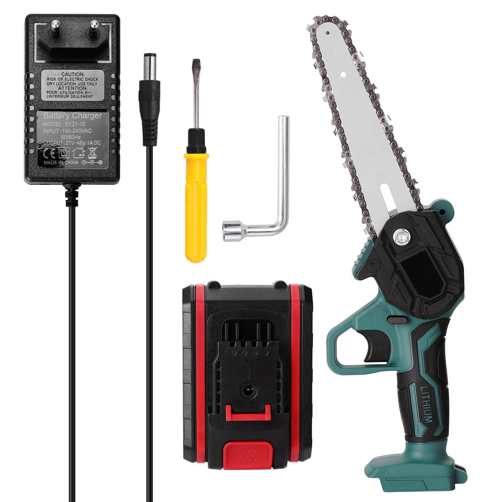 Mini Sierra de poda eléctrica portátil, 21V, pequeña sierra de cadena de empalme de madera recargable, herramienta de carpintería para jardín, huerto, ramas, Clip: 1 Battery-EU Plug