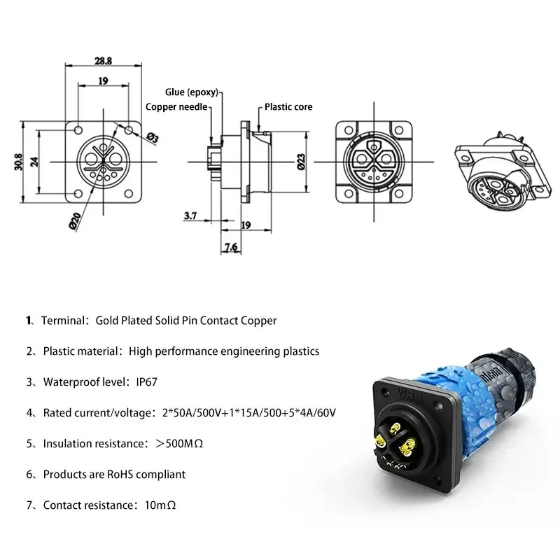 M23 2 + 1 + 5 connecteur de batterie moto chargeur prise 50A énergie Lithium vélo électrique mâle femelle Port de charge fil