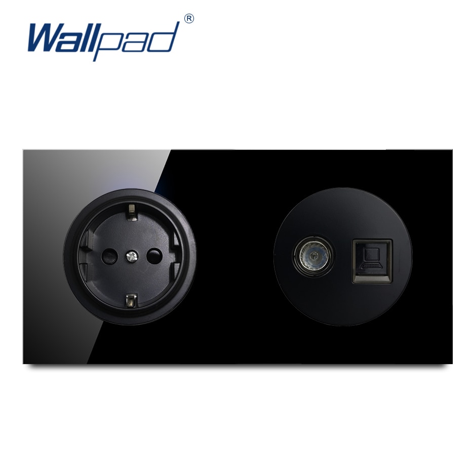 Wallpad EU German Socket With TV DATA Ethernet RJ45 Crystal Tempered Pure Black Glass Panel Wall Power Socket Outlet