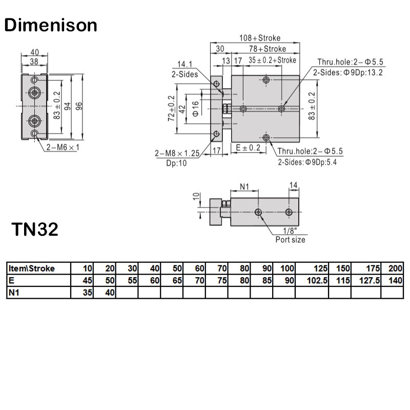 TN32 * 20-S 32Mm Boring 20Mm Slag Compact Air Cilinders TN32X20-S Dual Actie Air Pneumatische Cilinder