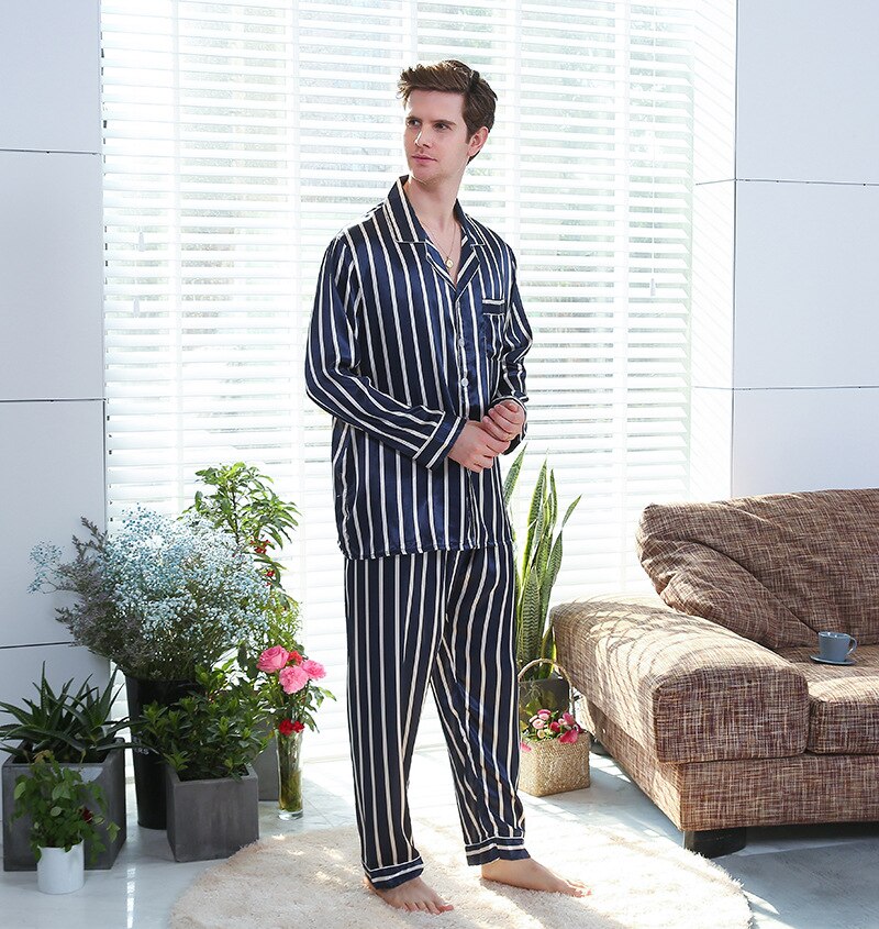 Fzslcyiyi Lente Lange Mouw Broek Zijde Pyjama Sets Slapen Gestreepte Gedrukt Satijn Nachtkleding Rayon Mannen Pyjama Nachtkleding Homewear