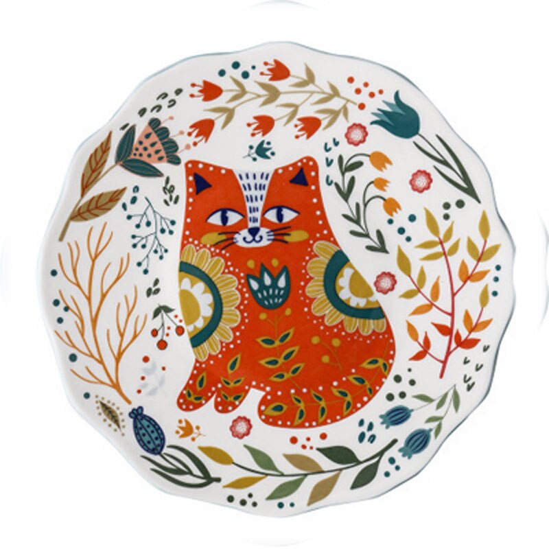 8 inch Colorful Cat Dinner Plate Under-Glazed Ceramic Dinner Dishes Dessert Tray Flower Kitten Dinnerware Microwave Safe: A