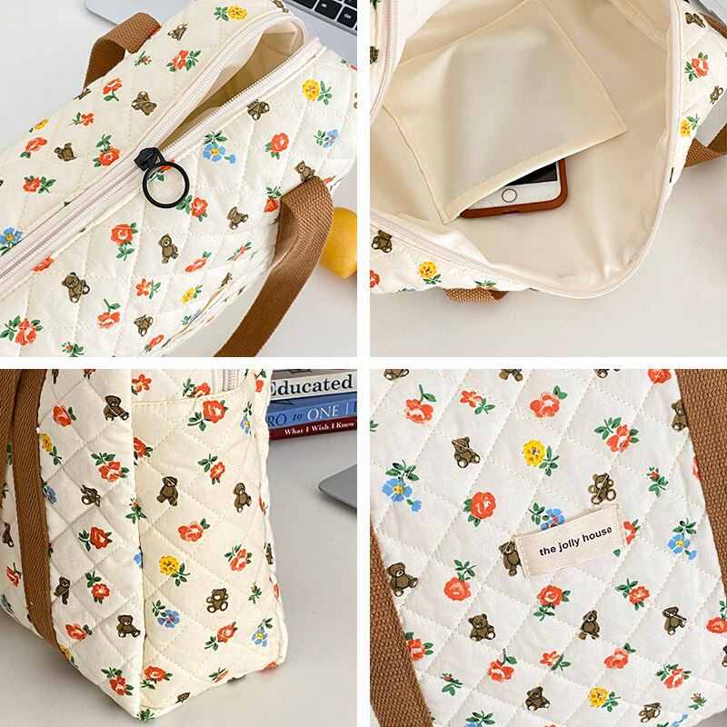 Liberty-Bolso de compras acolchado de algodón para mujer, bolsa de hombro de tela suave con estampado Floral de oso, libros bonitos, con cremallera, grande