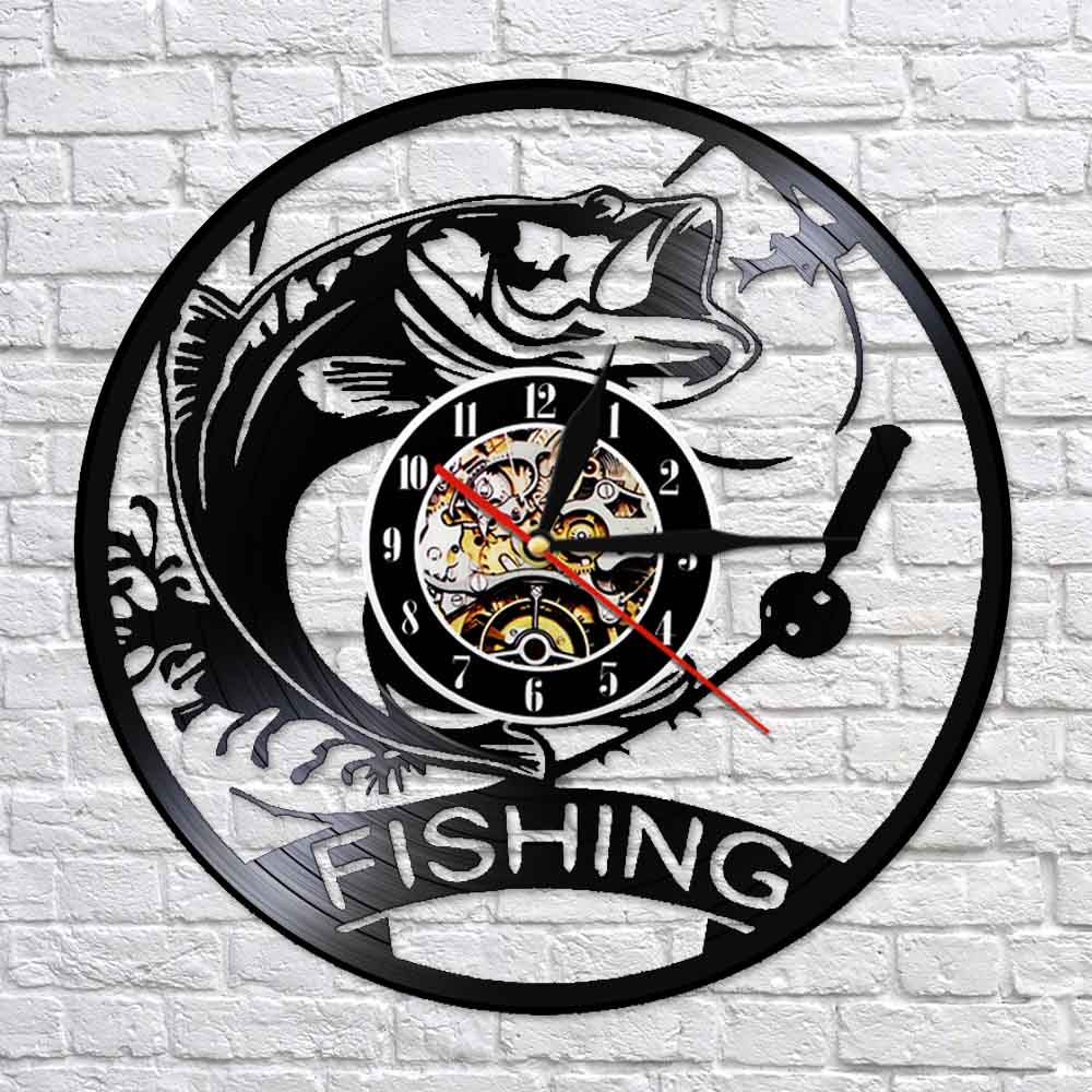 Reloj de pared de pesca hecho de disco de vinilo Real, lámpara de luz nocturna LED de pez mecánico, reloj de cocina moderno, de pescador