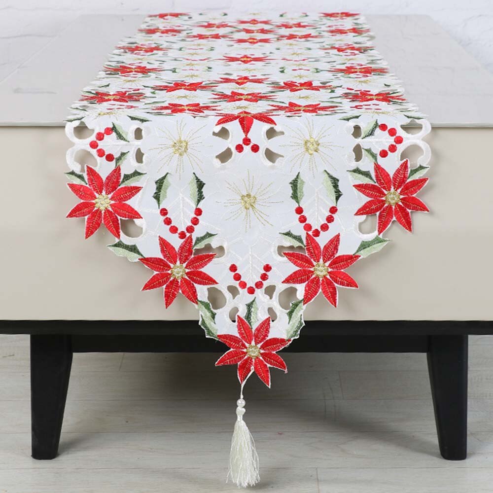 Christmas Embroidered Table Runner Poinsettia Holly Leaf Table Linens High Special Tablecloth Home Decoration