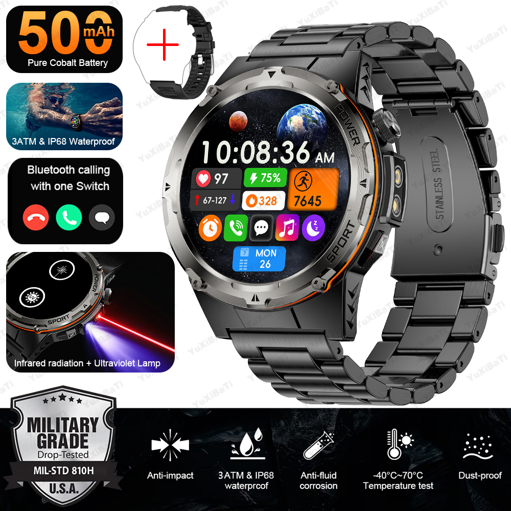 2025 novo relógio inteligente militar masculino ip68 à prova dip68 água esportes ao ar livre rastreador de fitness monitor saúde bt chamada 365nm uv + infravermelho: Verde