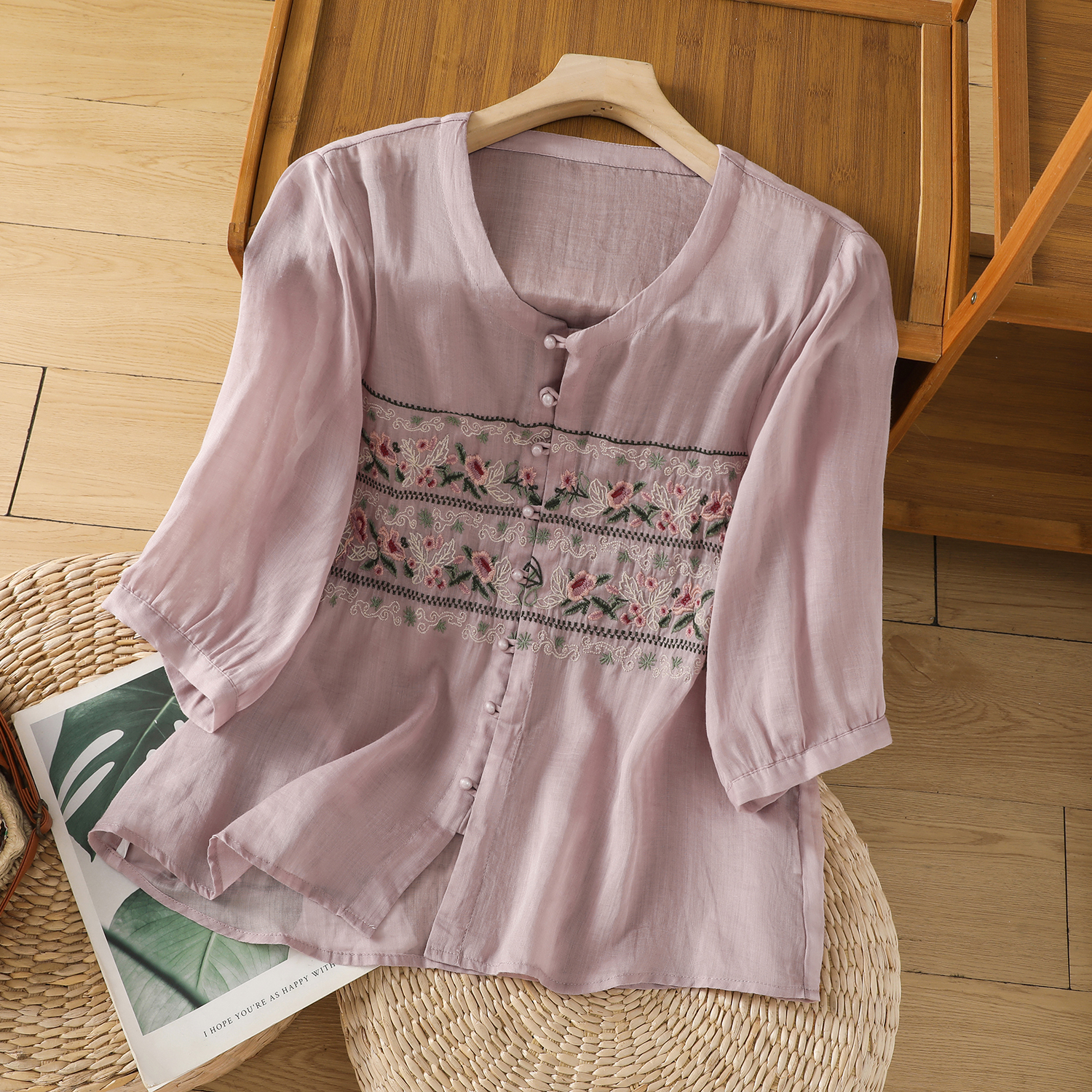 Retro Cotton Linen Shirt Women Embroidery Oversized Relaxed Fit Woman Blouse Artistic Summer Ladies Tops Camiseta Mujer