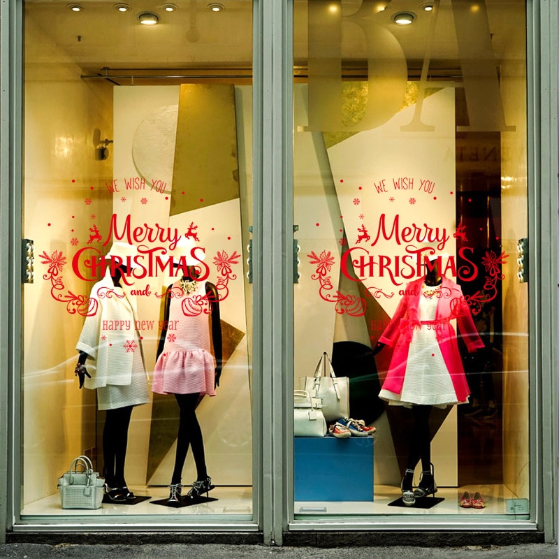 God jul fönster glasdörr dekoration år butik väggdekor konst jul röd heminredning pvc väggkonst avtagbar