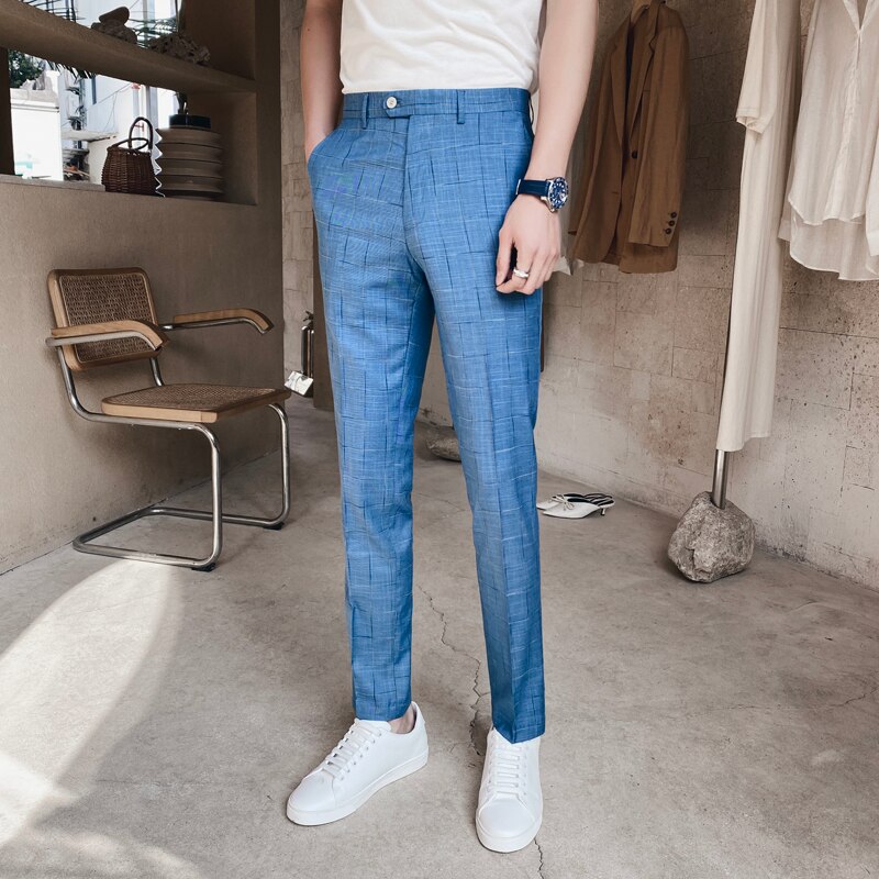 Jakkesæt til herre bukser størrelse sml xl xxl xxxl lyseblå slim fit herre business casual plaid bukser
