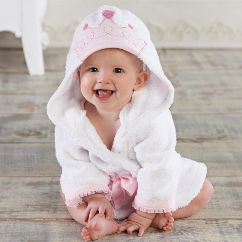 Baby pige baby dreng hætte badekåbe dyr tegneserie håndklæde tæppe morgenkåbe forår langærmet morgenkåbe: Hvid krone / 24m