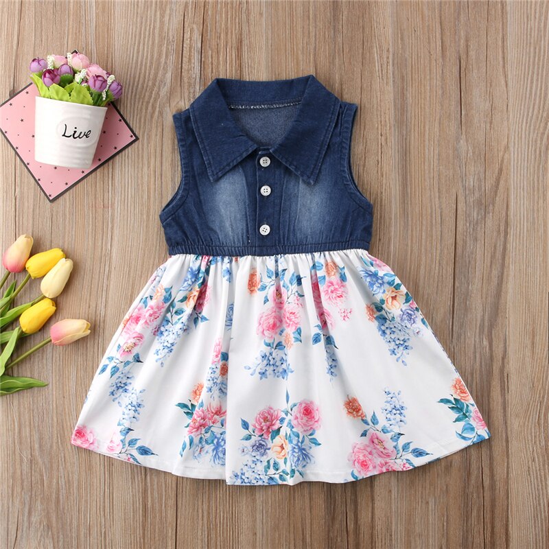 Gloednieuwe Peuter Baby Baby Girl Kids Peuter Zomer Denim Jeans Tutu Korte Mini Jurk Mouwloos Zonnejurk Outfits 1 -6 T