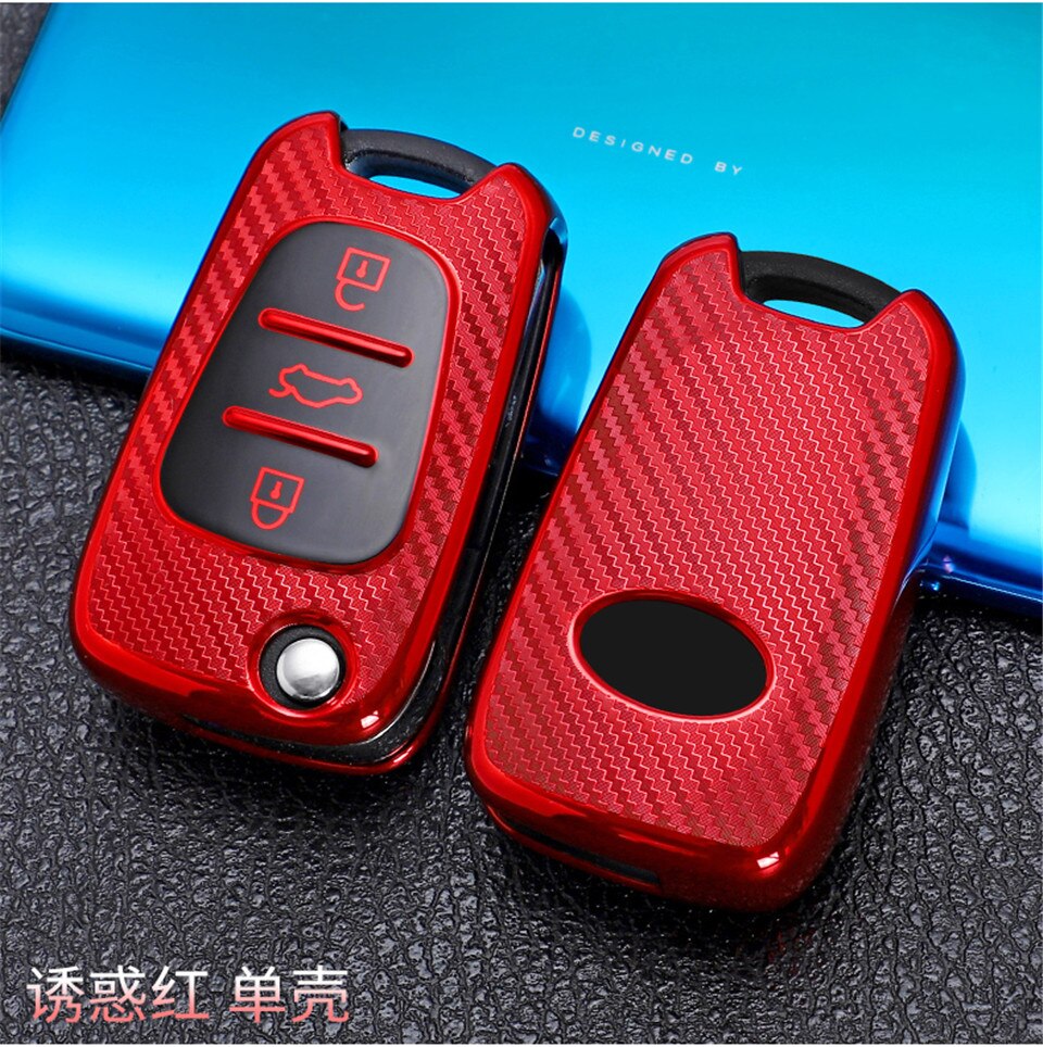 3 boutons en Fiber de carbone TPU voiture à distance clé à rabat housse coque gousset pour Hyundai I30 IX35 Verna pour KIA Sportage Sorento Rondo Soul RIO: Red