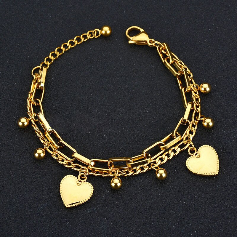 Multi-layer Stainless Steel Heart Round Beads Ladies Bracelet Love Ornaments Gold Silver Color Sweet Student Bracelet: Gold-color