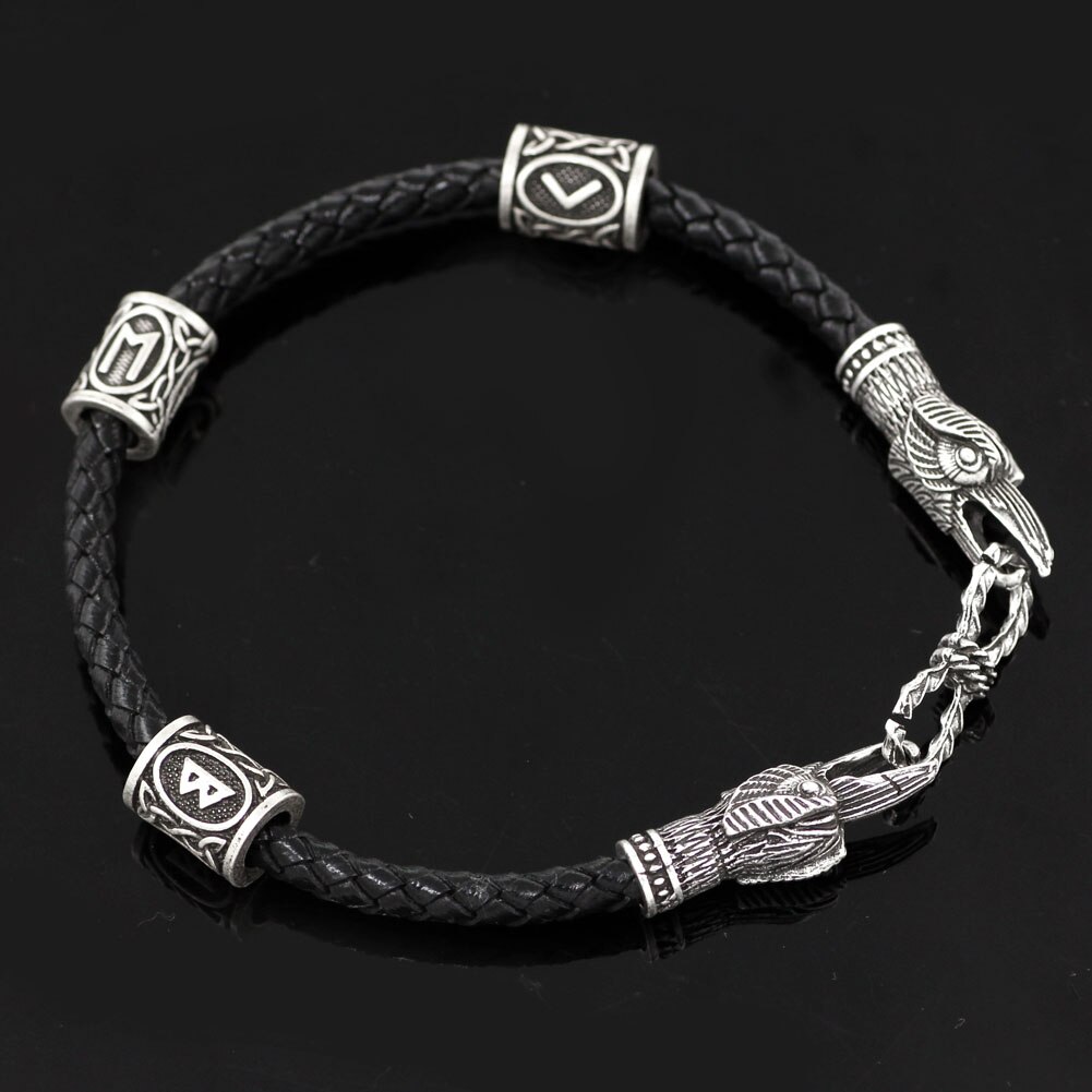 Viking Real Leather Amulet Odin Raven Bracelet with Viking Knot Amulet Bag In 3 Size Suite for Man and Women