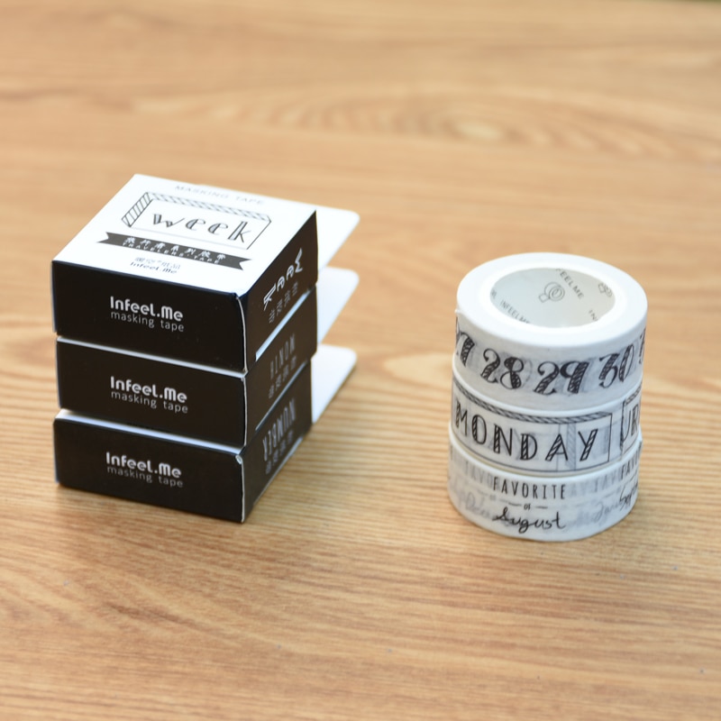 Washi Tape-paquete de 3 rollos para planificador, pegatinas para álbum de recortes, número de mes y semana, 1,5 cm x 7m, negro y blanco