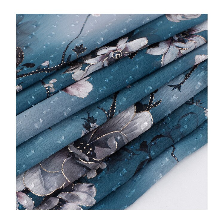Soft Blue Plum Patroon Bronzing Gedrukt Chiffon Tule Stof Voor Trouwjurk, Door De Meter,150 Cm Breedte