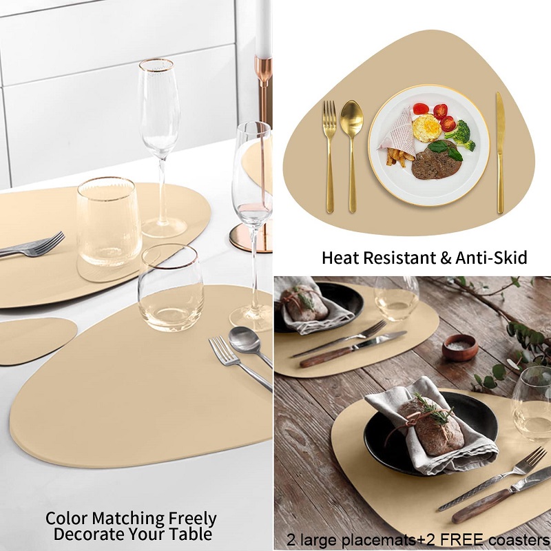 Inyahome Juego de 2 manteles individuales de piel sintética y posavasos para mesa de comedor, impermeables, lavables, manteles para mesa de cocina y cena