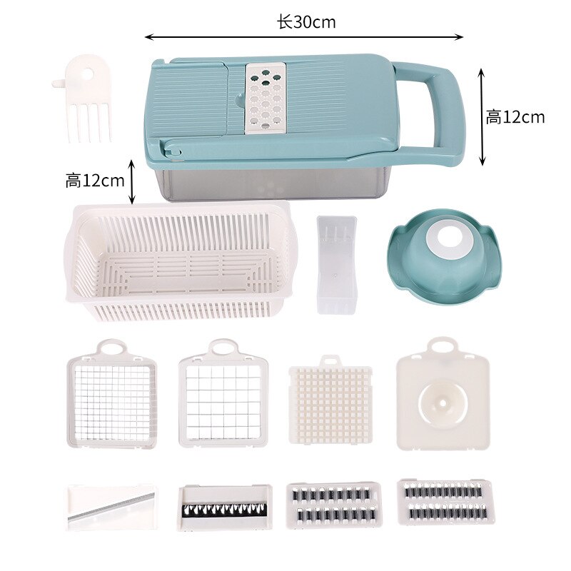 Vegetable Cutter Multi-Functional Household Cut Potato Chips Carrot Shredded Grater With Drain Basket Detachable Kitchen Tools: Blue white