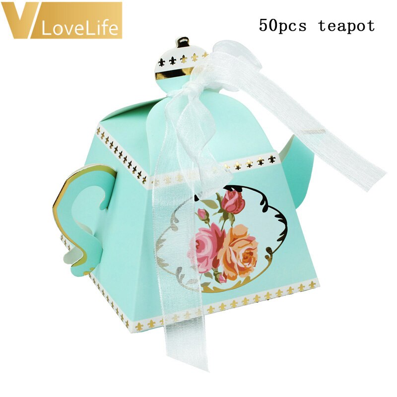50Pcs Box Tea Party Decorations Tea Cup Teapot Wedding Favor Candy Box Baby Shower Decoration Birthday Party Supplies: blue teapot