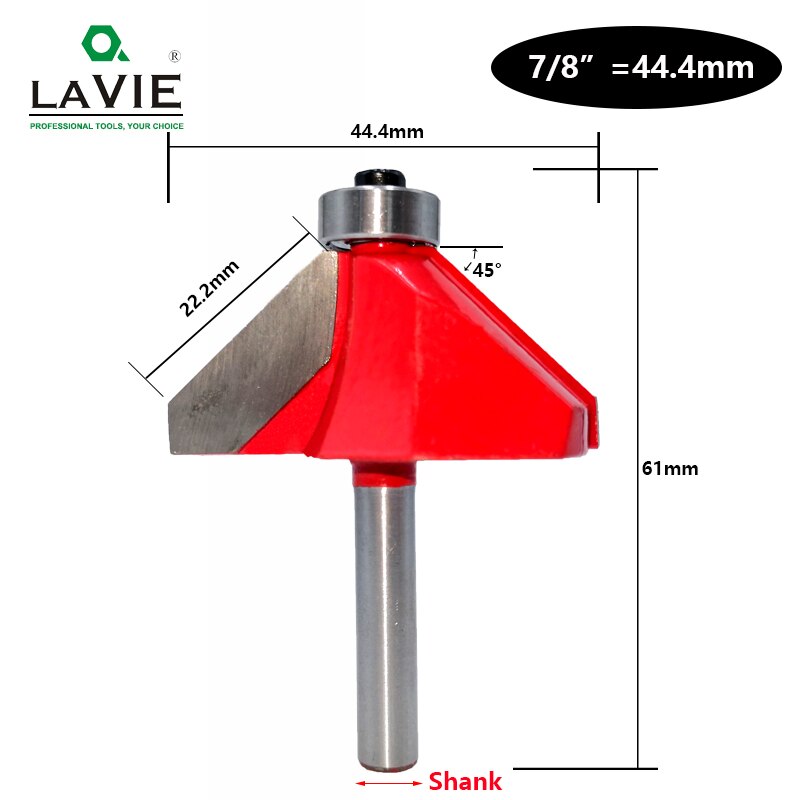 LAVIE 1pc 6mm 6.35mm Shank 45 Graden Afschuining Router Beetje Edge Vormen Bevel Houtbewerking Frees voor hout Bits MC01130: 44.4mm / 6mm Shank