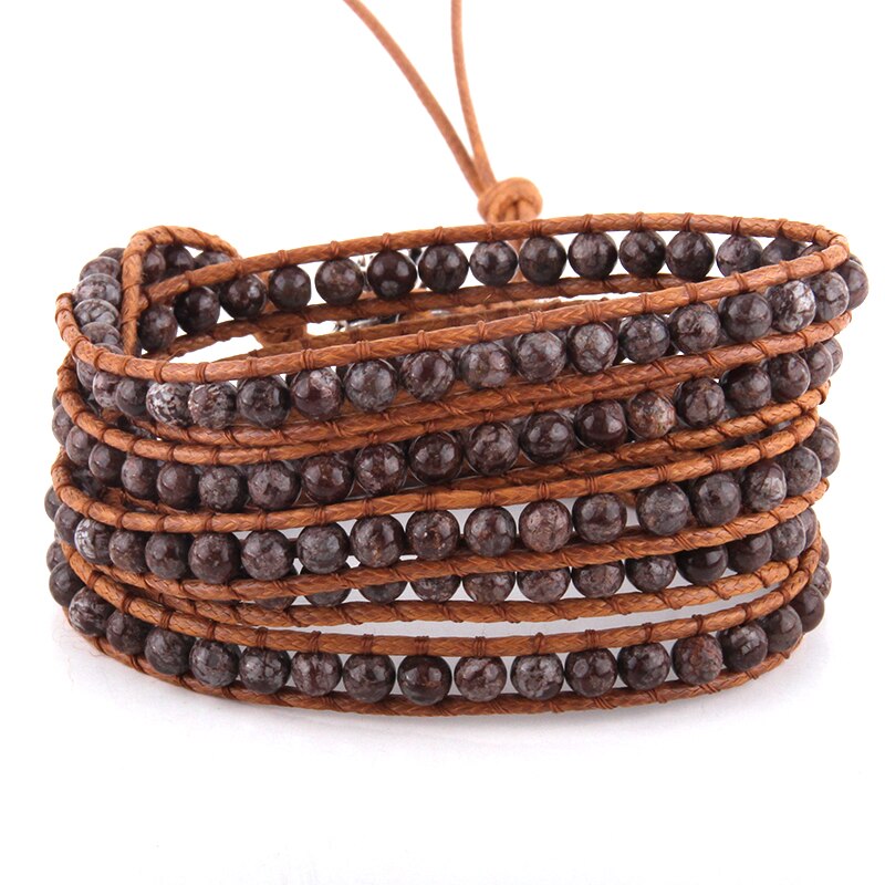 Joyería de para mujer, pulsera de cuero marrón hecha a mano, 5 hebras, piedras naturales de 4mm, pulseras envolventes, DropShippers: brown