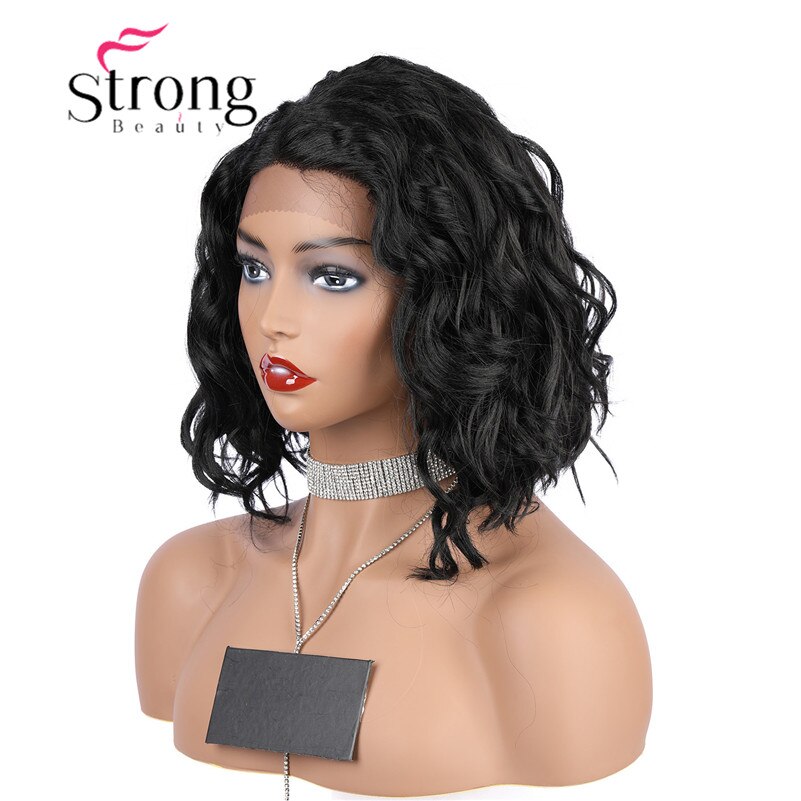 StrongBeauty Synthetische Lace Front Pruik Golvend Bob Kapsel Hittebestendige/Side Deel Natuurlijke Zwarte Pruik vrouwen Korte