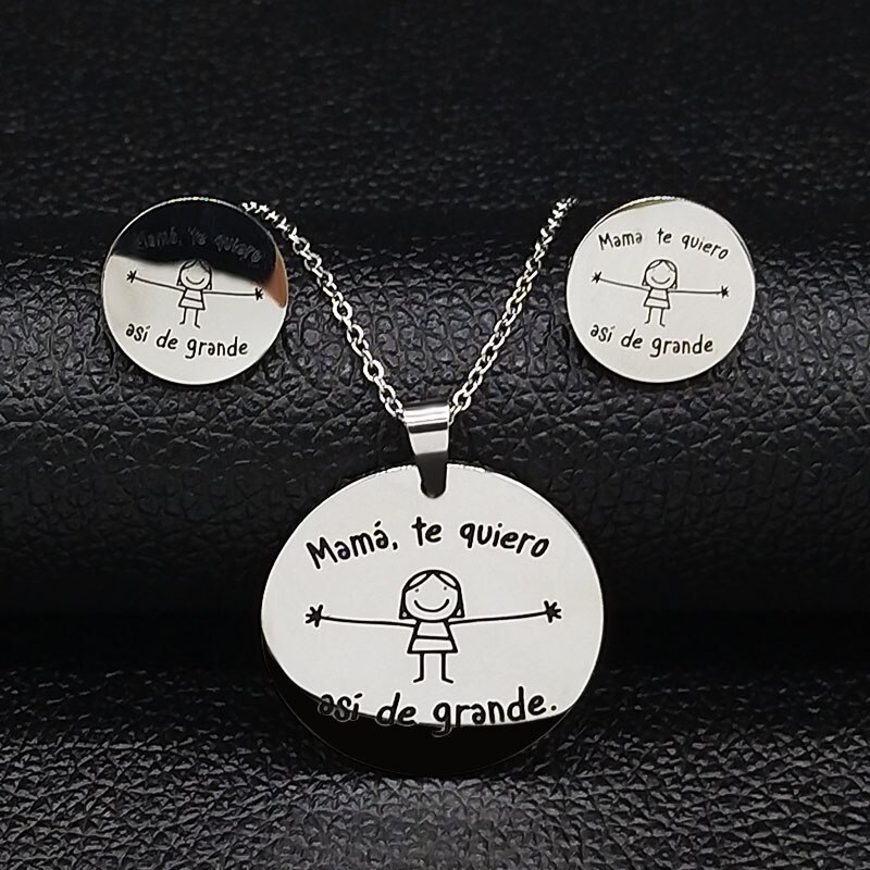 Abuela Rvs Oorbellen Ketting Set Sieraden Voor Vrouwen Zilveren Kleur Set Sieraden Aretes De Mujer 178621: mama