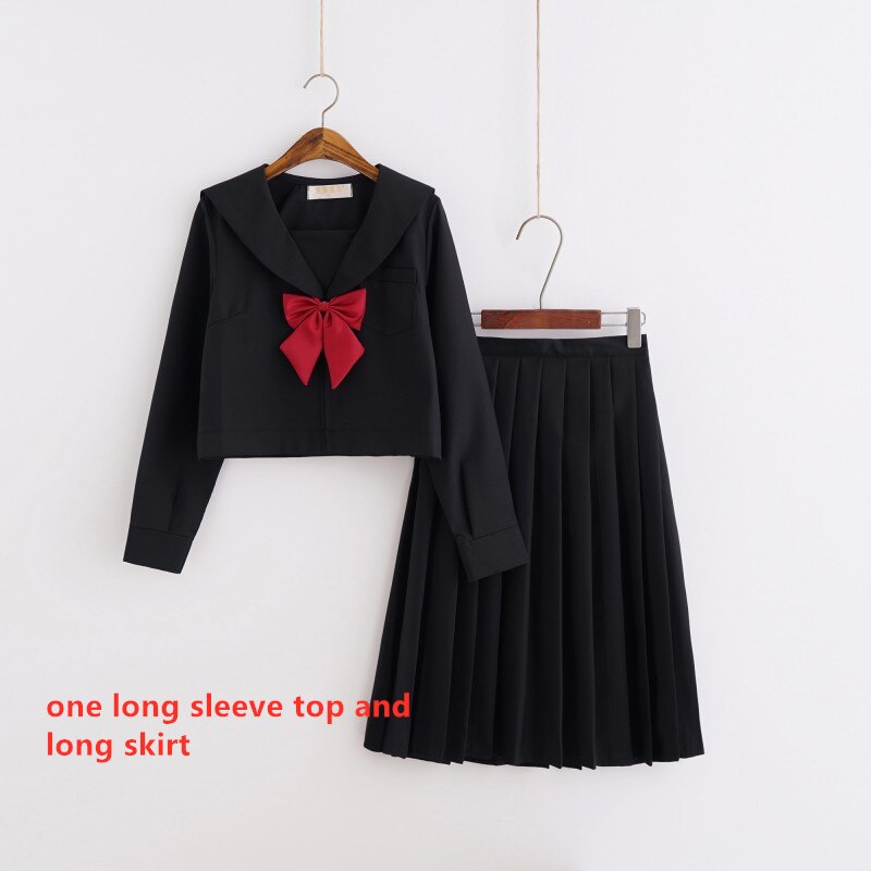 Japanese School Uniform Kansai Bad Black Suit for Students JK Kawaii Sailor Collar Bow High School Top Long Pleated Skirt Set: Set3 / 2XL