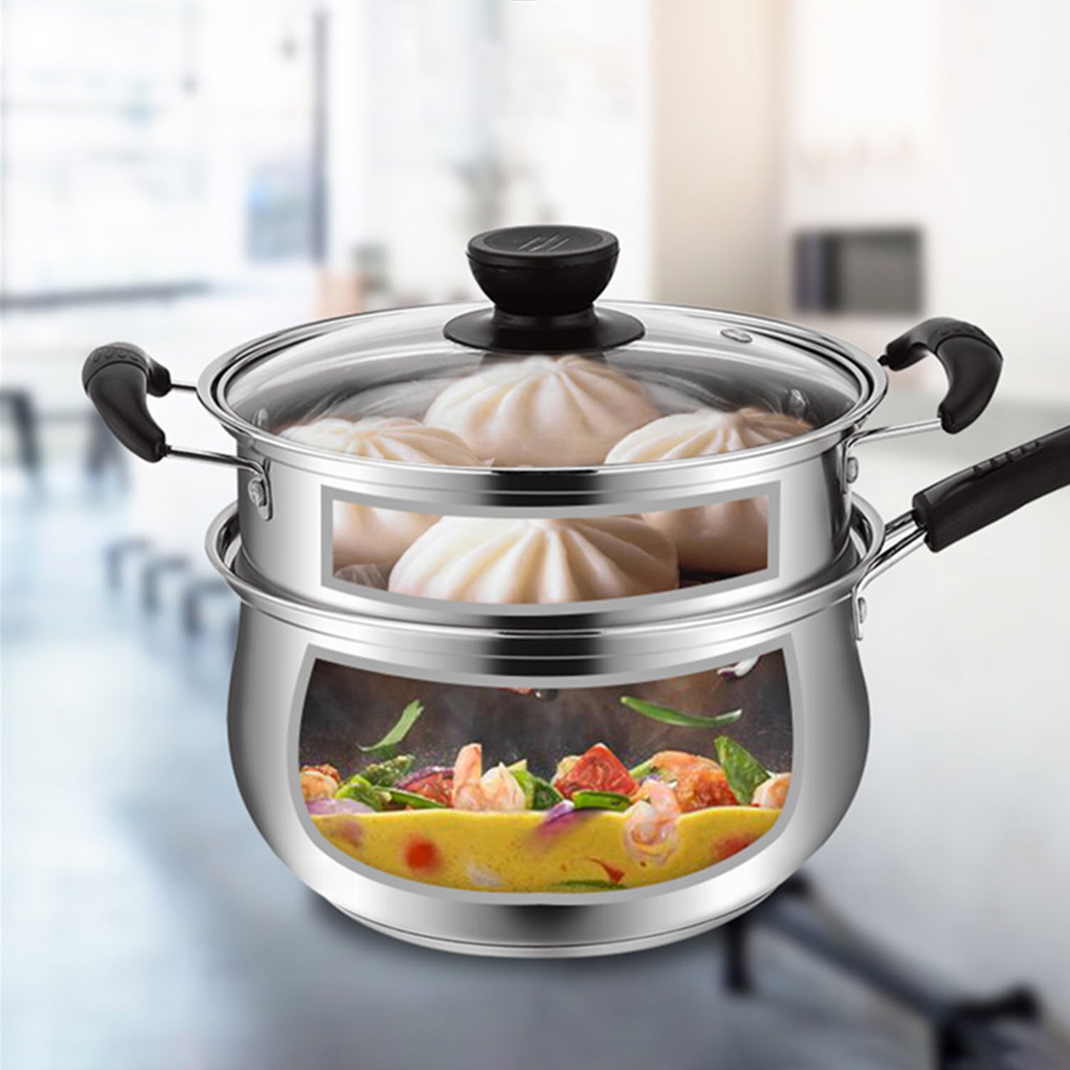 Stainless Steel Pot with Steamer Insert Glass Vented Lid Set Safe and Durable Kitchen Cookware