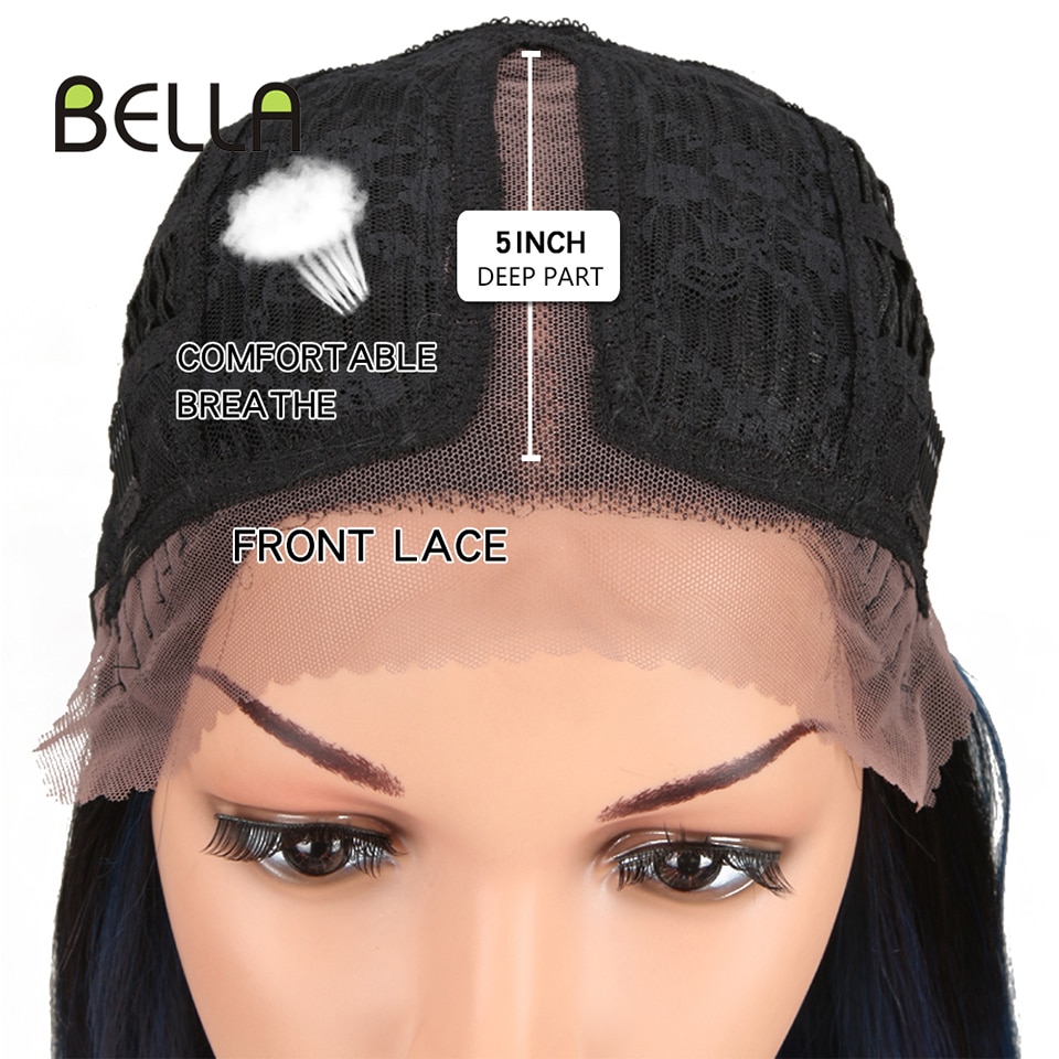 Bella Longue Droite Ombre Bleu & Vert Rose Blond Violet Violet Noir Bleu vert cheveux pièce 7 couleurs Résistant À La Chaleur Synthétique Dentelle Perruques Pour Les Femmes 20 pouce partie médiane droite colorée perruq