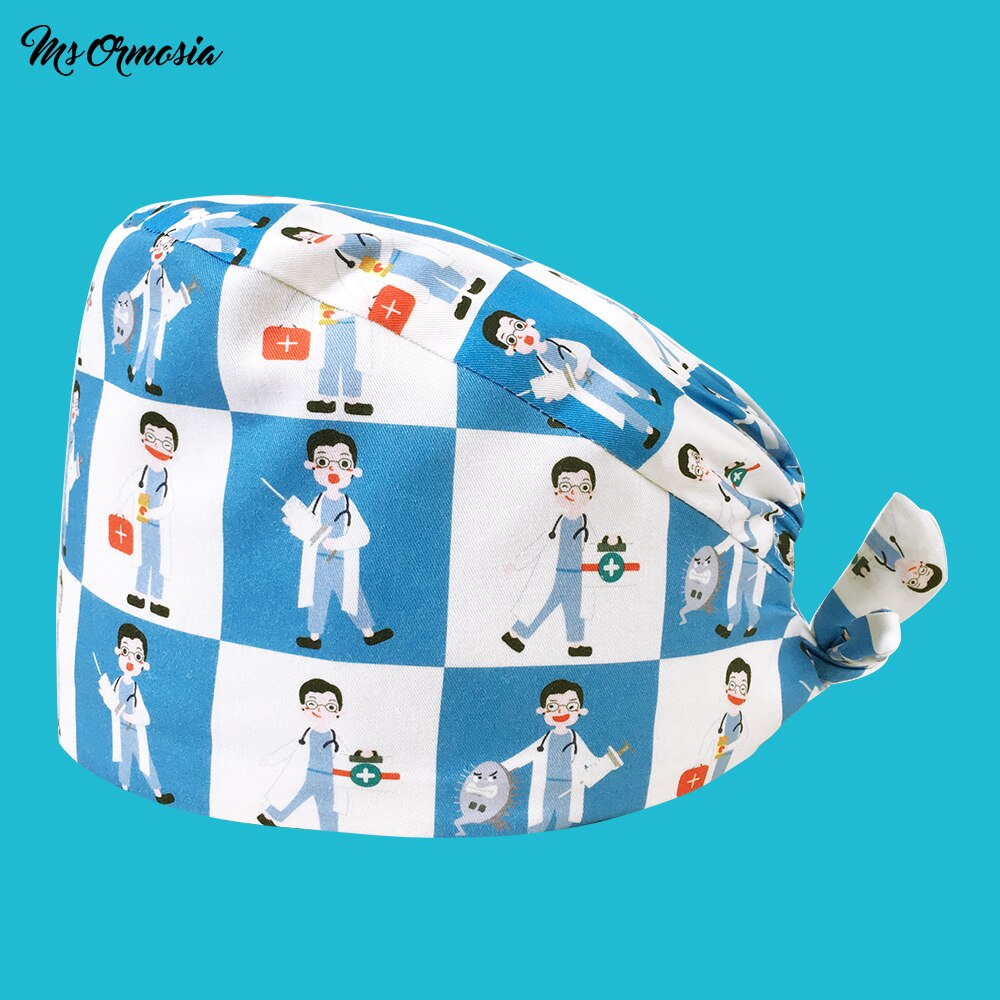 pure cotton breathable unisex cartoon print nurse cap adjustable scrub cap beauty salon nursing work cap