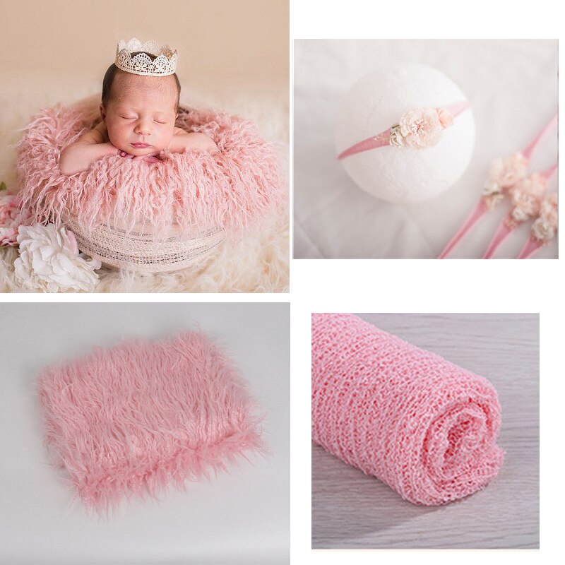 3 Stck neugeboren Fotografie Requisiten Outfits Baby strecken wickeln Swaddle lang Haar Decken Teppich Foto Matte mit Stirnbänder Pro Kleinkind