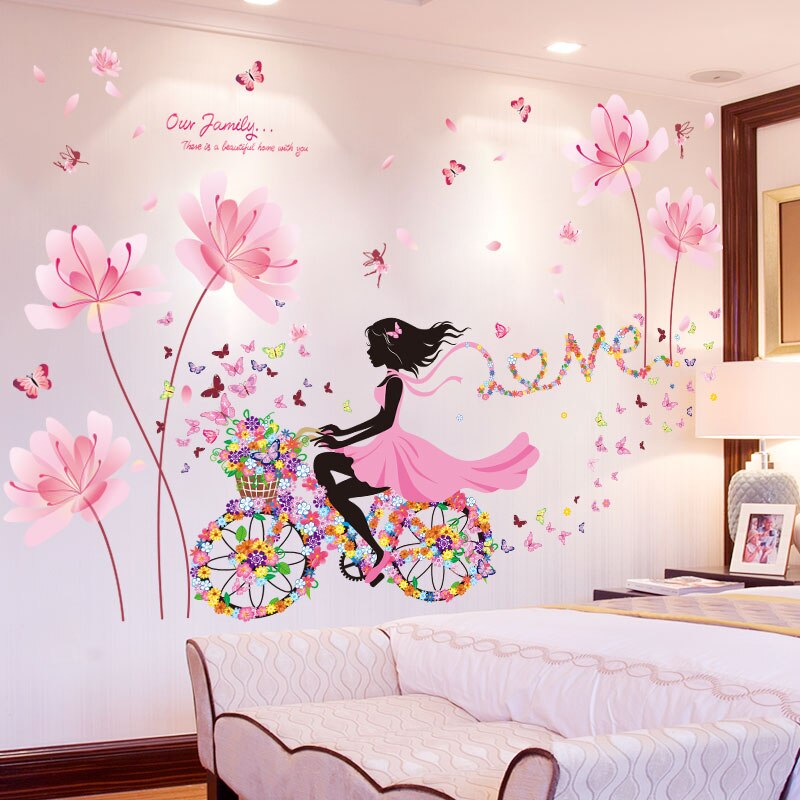 [SHIJUEHEZI] pegatinas de vinilo para dibujo de cuento de hadas para pared de niñas, pegatinas para Mural de bicicleta de mariposas DIY para decoración de habitaciones de niños y bebés: girl and flower1