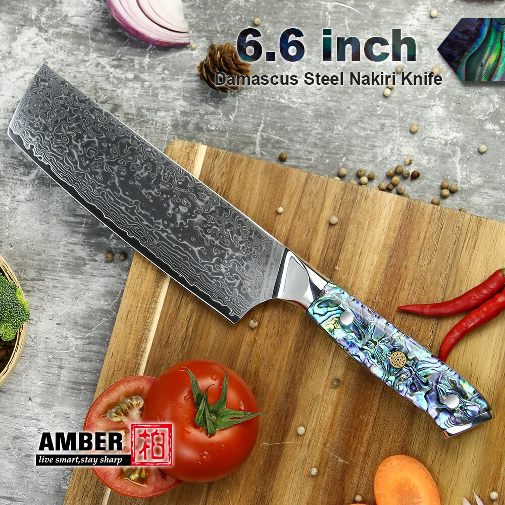 Amber Damascus Mes Professionele Keuken Chef Utility Santoku Steak Uitbenen Cleaver Messen Japanse Mes Abalone Shell Handvat: Nakiri