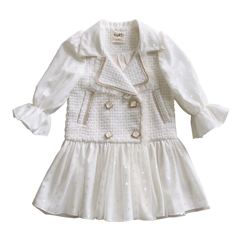 Kinderjasje van kleine tweedwol, herfstjas met dubbele mesh stiksels en middellange lengte: 140cm