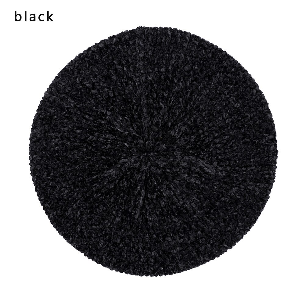 Dames winter baretten hoed chenille vintage stijl baretten dames effen kleur zachte warme mutsen dames eenvoudige mutsen: Zwart
