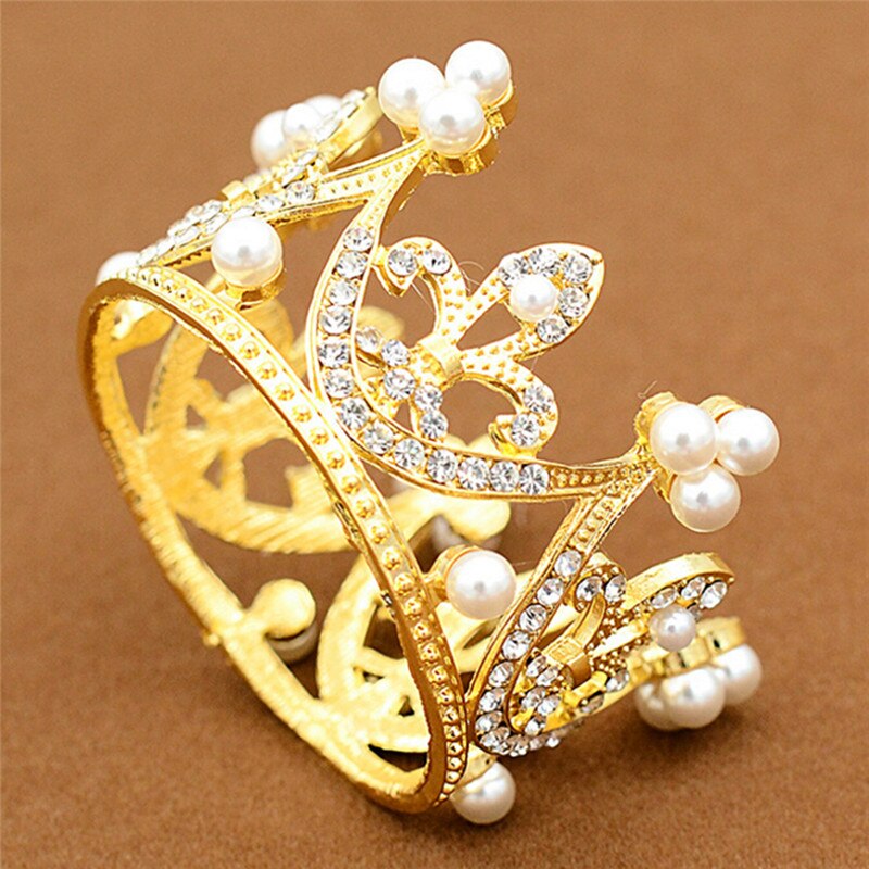 School Girl Small Size Pearl Tiara Crystal Flower Crown Tiaras Women Mini Tiara Wedding Hair Accessories Jewelry: Gold-color