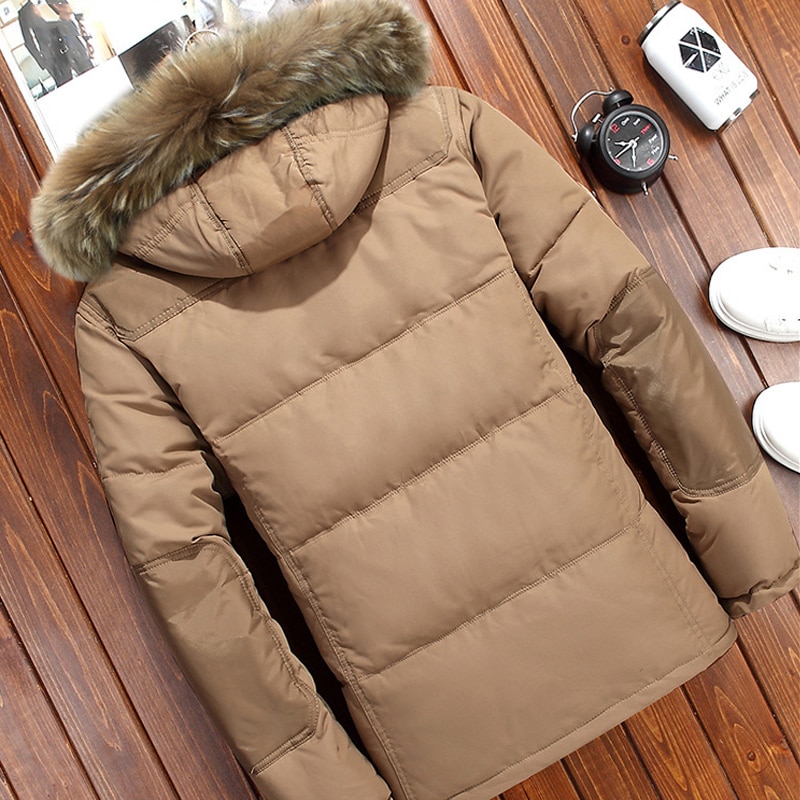 -20 graders vinterjakke herre hvite andedun parkas menn tykk varm snø parka jakke overtrekk vindjakke hette varme parkas