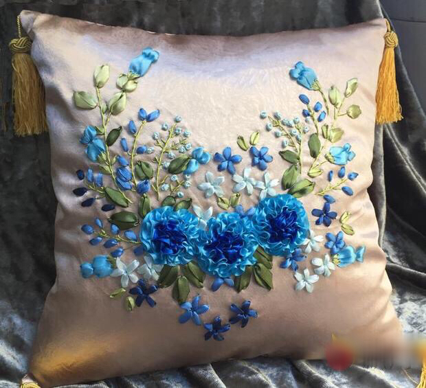 1pcs 40x40cm blue red flower Ribbon embroidery kit cushion pillow cover set handcraft DIY handmade needlework art home decor: Blue / Unfinished kit