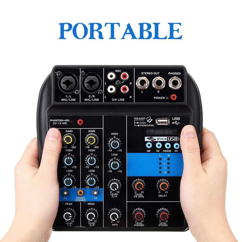 Retail Draagbare 4 Kanalen Usb Mini Sound Mixing Console O Mixer Versterker Bluetooth 48V Phantom Power Voor Karaoke Ktv wedstrijd