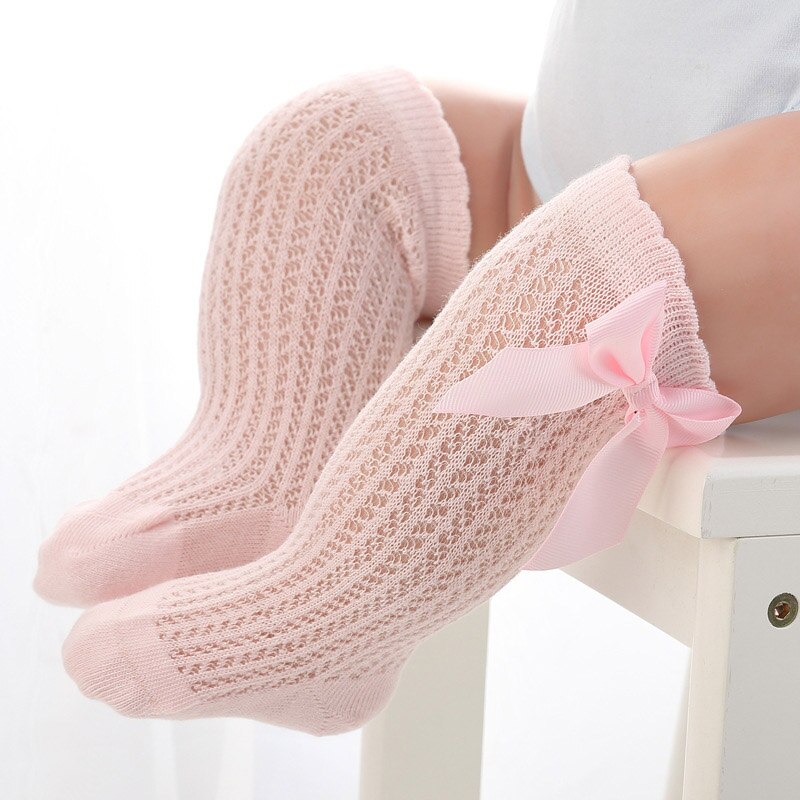 Calcetines de malla hasta la rodilla para bebé, medias de algodón de Color sólido, con bonitos lazos, para niña: pink 0-2Y