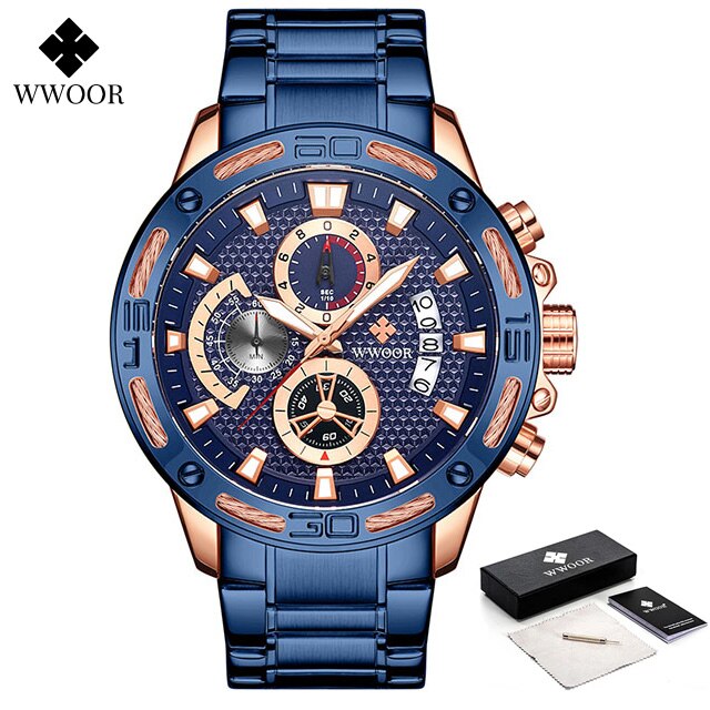 Relojes WWOOR para hombre, superior, de lujo, reloj de cuarzo de acero inoxidable dorado, cronógrafo deportivo resistente al agua para hombre, reloj Masculino: YELLOW