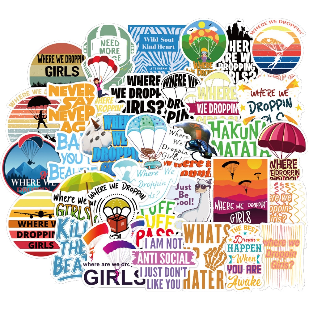 50PCS Where We Droppin Girl Sticker Pack Travel Extreme Sports Skydiving Parachute Stickers to DIY Helmet Laptop Bike Skateboard