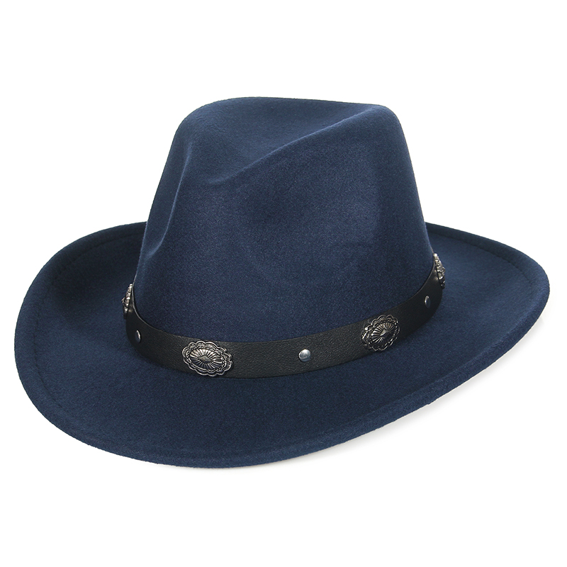 mujeres hombres sombreros de fieltro sombrero de vaquero occidental señora Sombrero Hombre pieza de Metal decoración vaquera Jazz gorras de sol tamaño 57CM: Azul cielo