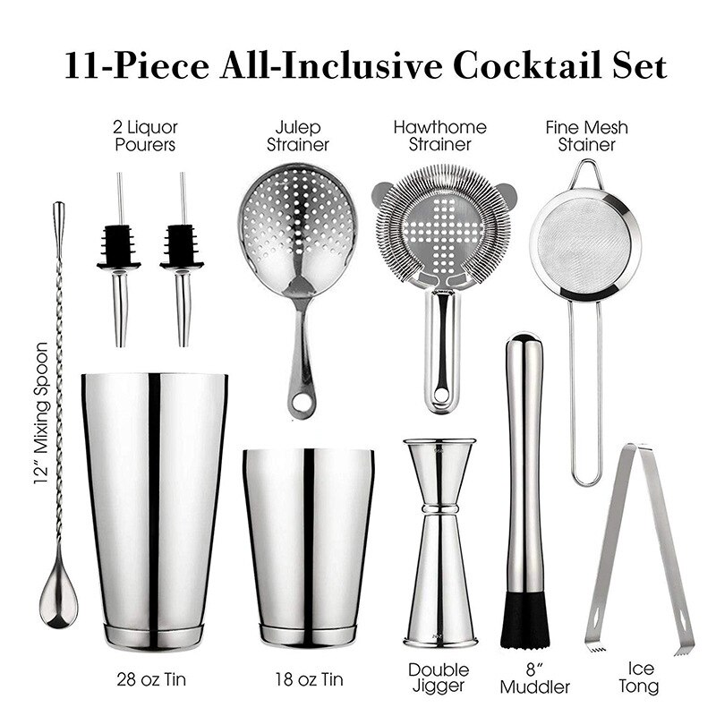 11-Piece Cocktail Shaker Bar Set Weighted Boston Cocktail Shakers, Strainers, Double Jigger, Muddler &amp; Spoon, Ice Tong Pourers: Silver