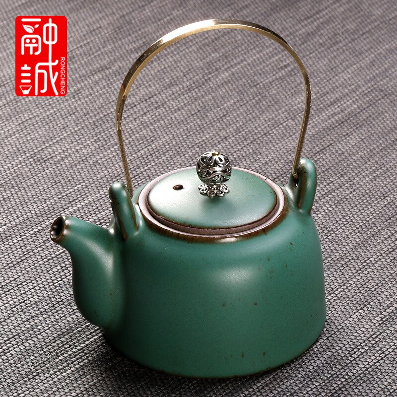 Vintage Tea Loop-handled Teapot Ceramic Retro Tea Making Device Household Copper Handles Single Teapot Tea Kettle Japanese Style: Antique Pottery  Teapot  round Beam Pot Malachite Green