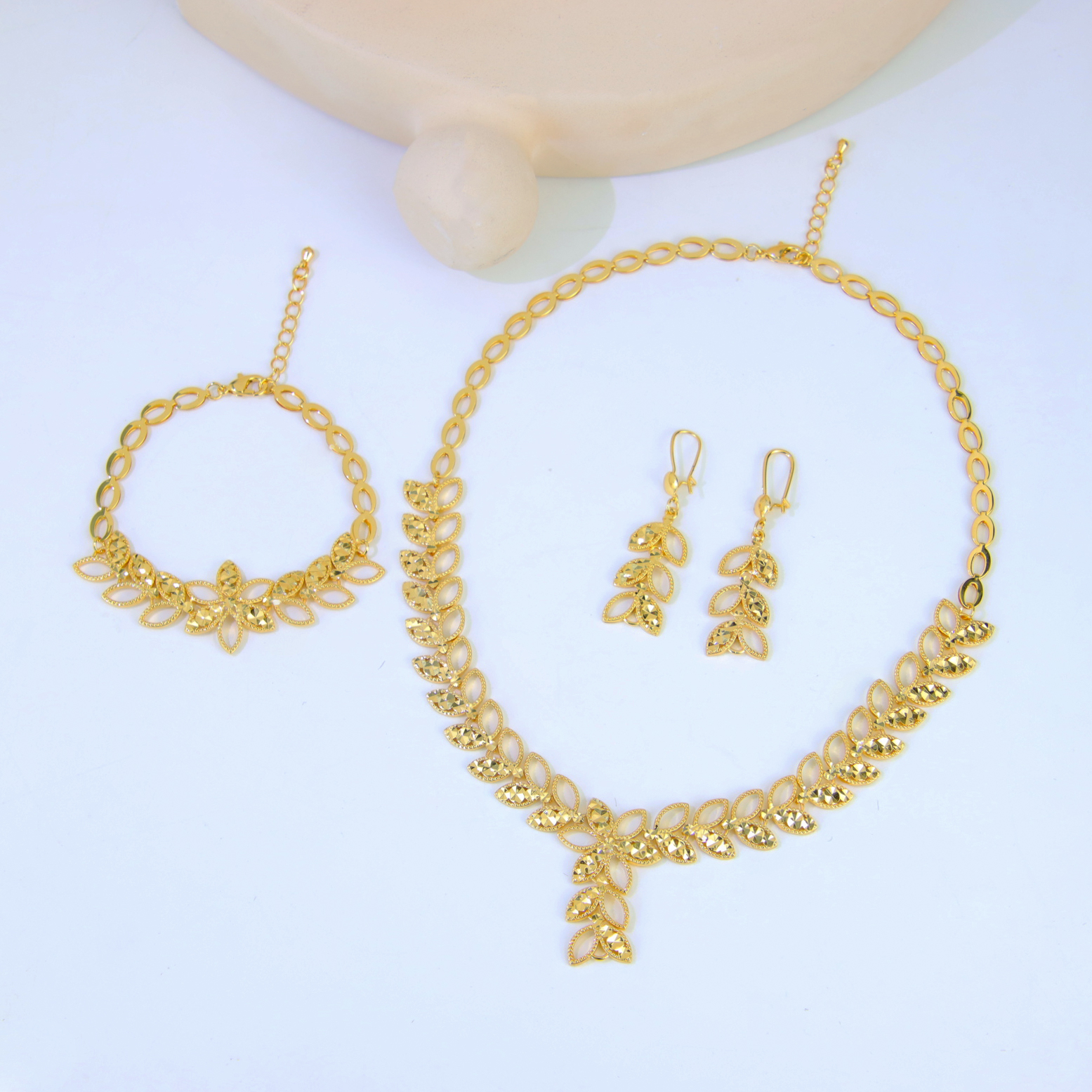 Luxe Dubai Bruiloft Sieraden Set 21K Vergulde Arabische Bruids Gouden Ketting Armband Oorbellen Braziliaanse Vrouwen Vintage Jewelrys: Imitation Rhodium Plated