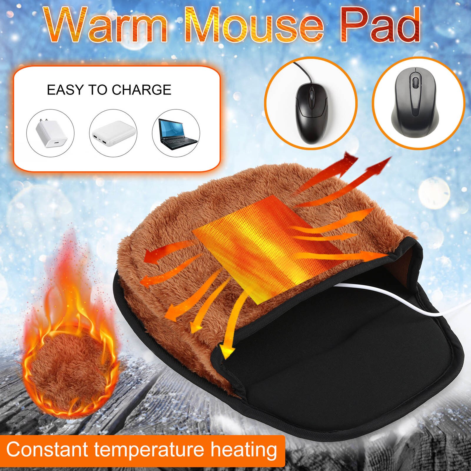 Alfombrilla de ratón calefactable con USB, calentador de manos con muñequera, cálida, marrón para invierno, para jugadores, teclado, PC y portátil