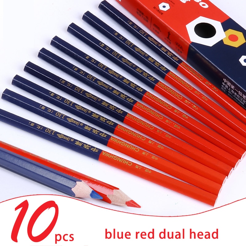 10 stk / sæt blå rød dobbeltfarve specialblyanter fuld rød markør blyant sekskantet træ blyant skolekontorartikler